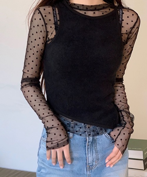 ampm(エーエムピーエム)の「ドット柄チュールロングスリーブトップス(Tシャツ/カットソー・レディース・ブラック/ホワイト・FREE)」の7枚目の写真