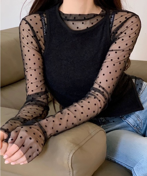 ampm(エーエムピーエム)の「ドット柄チュールロングスリーブトップス(Tシャツ/カットソー・レディース・ブラック/ホワイト・FREE)」の18枚目の写真