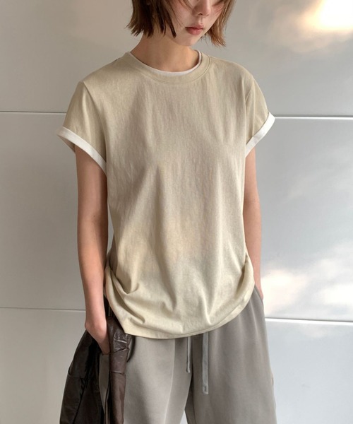 CHUN CHUN NOTES(チュンチュンノーツ)の「26SS/配色ロールスリーブフレンチTシャツ(Tシャツ/カットソー・レディース・ホワイト/ベージュ/ライトグレー・F)」の3枚目の写真