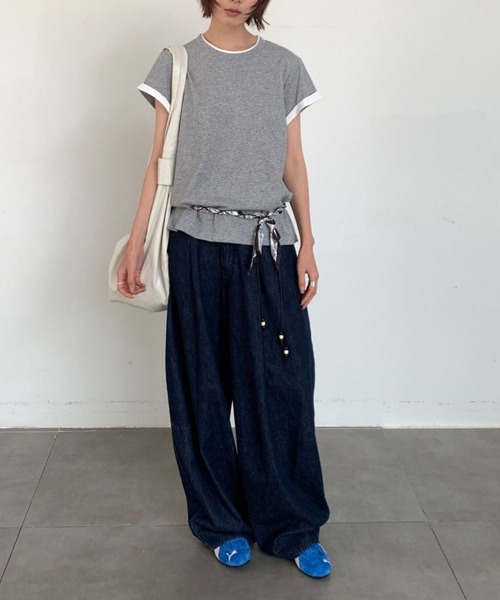 CHUN CHUN NOTES(チュンチュンノーツ)の「26SS/配色ロールスリーブフレンチTシャツ(Tシャツ/カットソー・レディース・ホワイト/ベージュ/ライトグレー・F)」の7枚目の写真