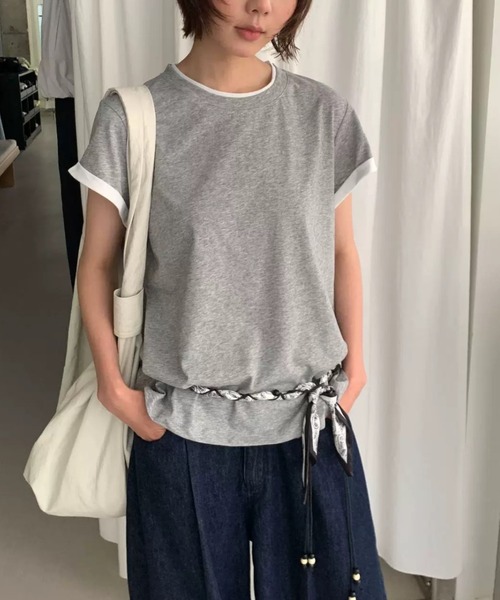 CHUN CHUN NOTES(チュンチュンノーツ)の「26SS/配色ロールスリーブフレンチTシャツ(Tシャツ/カットソー・レディース・ホワイト/ベージュ/ライトグレー・F)」の8枚目の写真