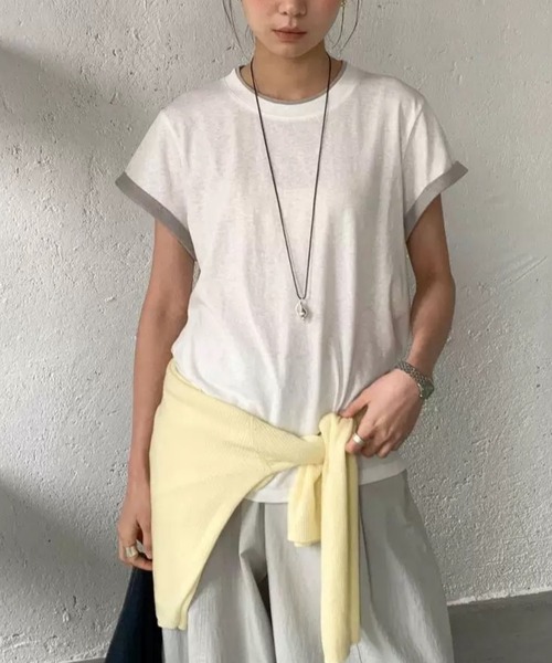 CHUN CHUN NOTES(チュンチュンノーツ)の「26SS/配色ロールスリーブフレンチTシャツ(Tシャツ/カットソー・レディース・ホワイト/ベージュ/ライトグレー・F)」の12枚目の写真