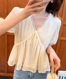 レーストリムシフォンブラウス Vネック リボンデザイン
