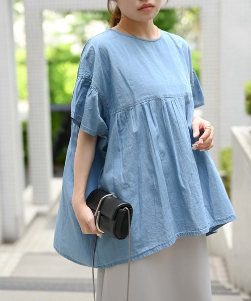 【indian Cotton Collection】デニムギャザーフレアブラウス