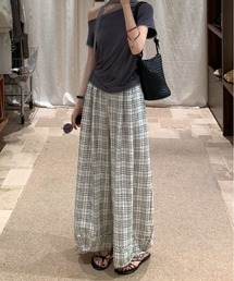 裾フリルチェック柄イージーワイドパンツ