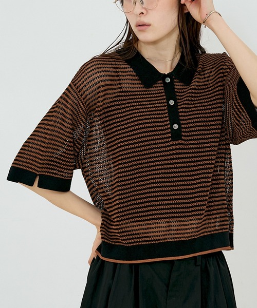 NOMINE(ノミネ)の「【NOMINE】メッシュ ポロニット(ニット/セーター・レディース・ブラック/ライトグレー/ブラウン・フリー)」の1枚目の写真