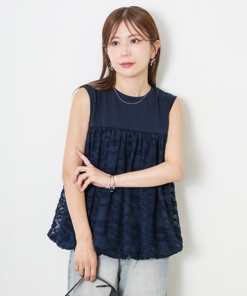 Riberry(リベリー)の「レース切替バルーンノースリーブトップス(Tシャツ/カットソー・レディース・ブラック/モカ/ネイビー/アイボリー・MEDIUM)」の4枚目の写真
