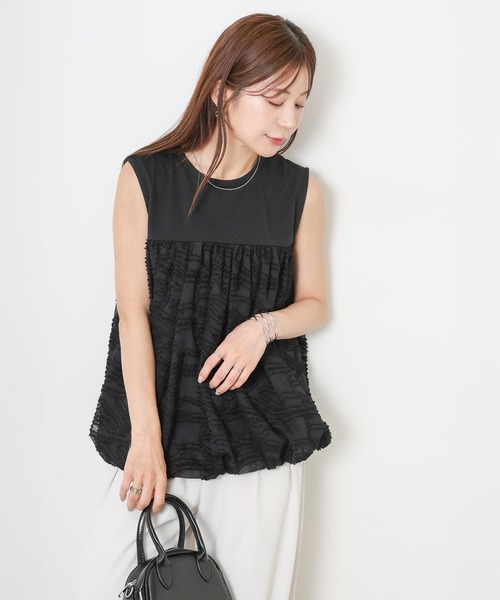 Riberry(リベリー)の「レース切替バルーンノースリーブトップス(Tシャツ/カットソー・レディース・ブラック/モカ/ネイビー/アイボリー・MEDIUM)」の1枚目の写真
