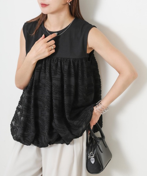 Riberry(リベリー)の「レース切替バルーンノースリーブトップス(Tシャツ/カットソー・レディース・ブラック/モカ/ネイビー/アイボリー・MEDIUM)」の9枚目の写真