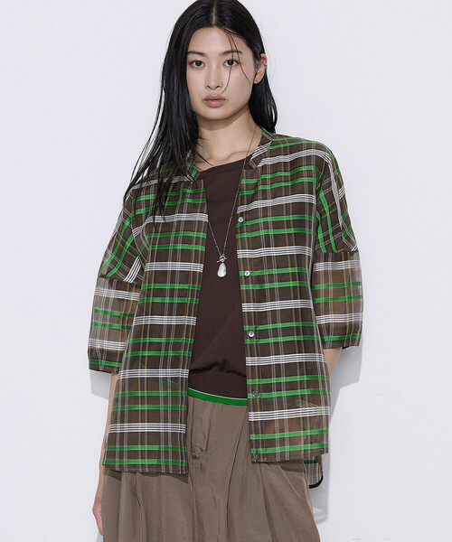 K.T KIYOKO TAKASE(キヨコタカセ)の「【セットアップ対応】シルクシアーチェック 2WAYシャツ羽織り(シャツ/ブラウス・レディース・ブラウン系その他/ブルー系その他・9号/7号)」の8枚目の写真