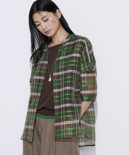 K.T KIYOKO TAKASE(キヨコタカセ)の「【セットアップ対応】シルクシアーチェック 2WAYシャツ羽織り(シャツ/ブラウス・レディース・ブラウン系その他/ブルー系その他・9号/7号)」の9枚目の写真