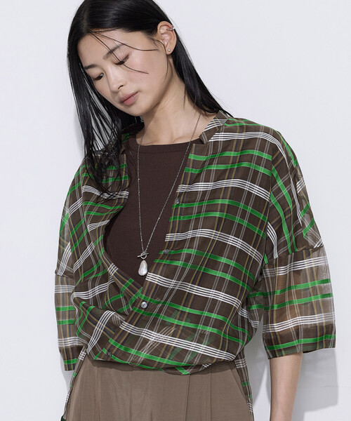 K.T KIYOKO TAKASE(キヨコタカセ)の「【セットアップ対応】シルクシアーチェック 2WAYシャツ羽織り(シャツ/ブラウス・レディース・ブラウン系その他/ブルー系その他・9号/7号)」の13枚目の写真