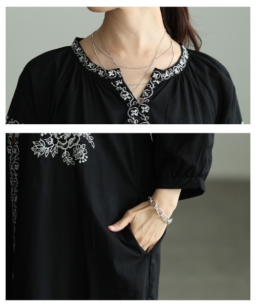 Sawa a la mode(サワアラモード)の「花柄刺繍入りインド綿ワンピース(シャツワンピース・レディース・ブラック・FREE)」の5枚目の写真