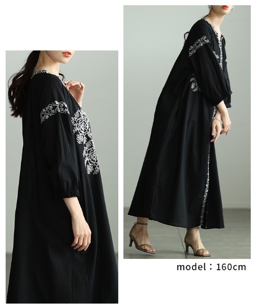 Sawa a la mode(サワアラモード)の「花柄刺繍入りインド綿ワンピース(シャツワンピース・レディース・ブラック・FREE)」の10枚目の写真
