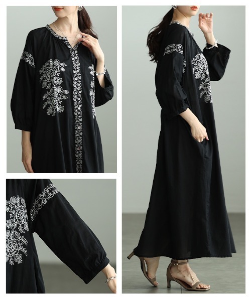 Sawa a la mode(サワアラモード)の「花柄刺繍入りインド綿ワンピース(シャツワンピース・レディース・ブラック・FREE)」の17枚目の写真