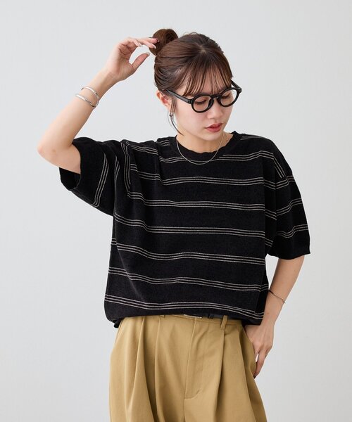 DISCOAT(ディスコート)の「【Enlude】ミニモールボーダーニットTシャツ《ユニセックス》(ニット/セーター・レディース・ブラック/ネイビー/ブラウン・FREE)」の1枚目の写真