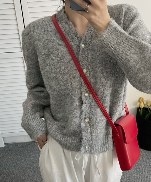Ritzy(リッツィー)の「透かし花柄ウェーブネックニットカーディガン(カーディガン/ボレロ・レディース・ベージュ/グレー/ホワイト・FREE)」の16枚目の写真