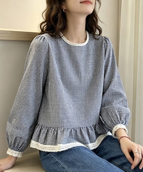 ONEP STAR(ワンピスター)の「レーストリミングギンガムチェックペプラムブラウス(シャツ/ブラウス・レディース・ホワイト/チェック・X-LARGE/LARGE/MEDIUM)」の13枚目の写真