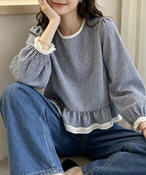 ONEP STAR(ワンピスター)の「レーストリミングギンガムチェックペプラムブラウス(シャツ/ブラウス・レディース・ホワイト/チェック・X-LARGE/LARGE/MEDIUM)」の14枚目の写真