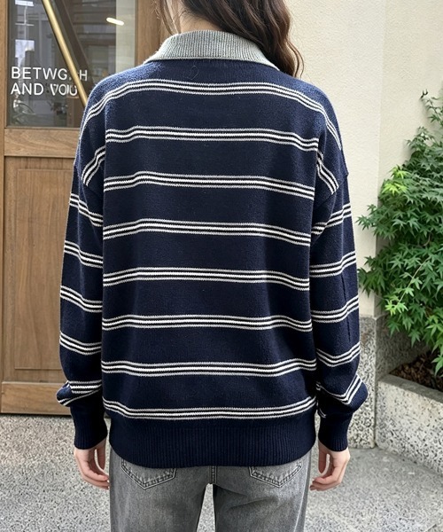 LEMOA(レモア)の「配色襟ボーダー柄ポロニットトップス(ニット/セーター・レディース・ネイビー/ワインレッド・FREE)」の7枚目の写真