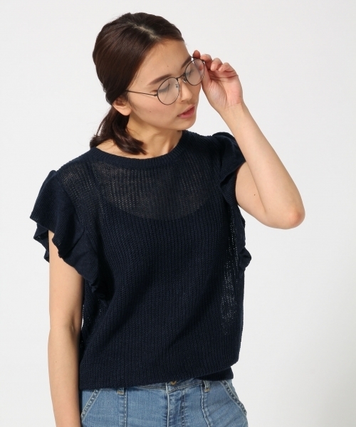 GLOBAL WORK（グローバルワーク）の「【高品質リネン使用】フレンチリネンソデフリルニット/707181（パーカー・レディース・ネイビー/グレー/ホワイト/ダークブラウン・MEDIUM/LARGE）」の4枚目の写真