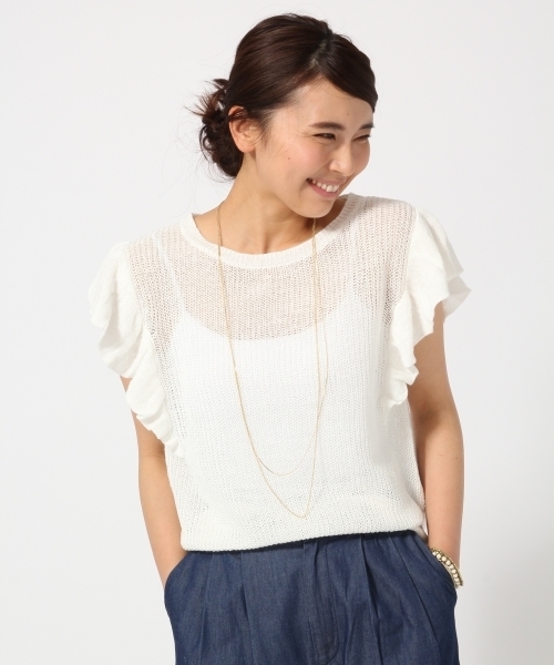 GLOBAL WORK（グローバルワーク）の「【高品質リネン使用】フレンチリネンソデフリルニット/707181（パーカー・レディース・ネイビー/グレー/ホワイト/ダークブラウン・MEDIUM/LARGE）」の2枚目の写真