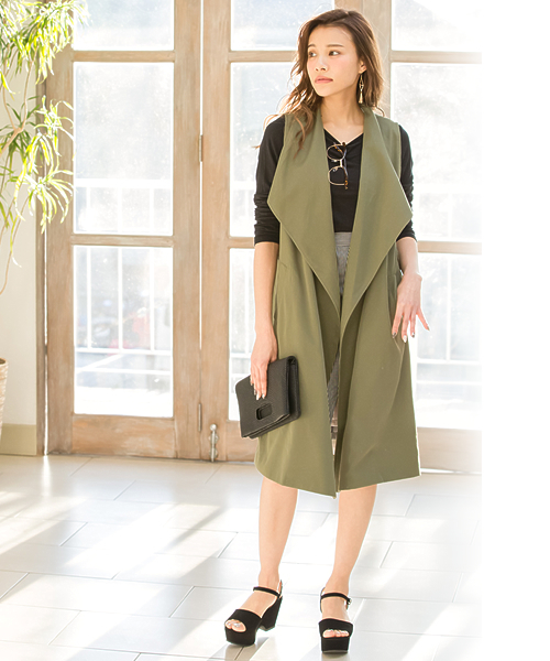 Re:EDIT（リエディ）の「ノースリーブトレンチコート/ジレンチ/テロンチ/スプリングコート[Re:EDIT/リエディ]（トレンチコート・レディース・ベージュ/ダークベージュ/ブラック/グレイッシュベージュ/カーキ・MEDIUM）」の5枚目の写真