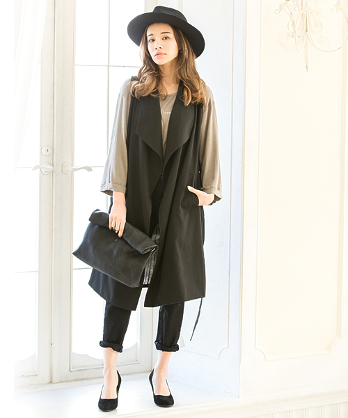 Re:EDIT（リエディ）の「ノースリーブトレンチコート/ジレンチ/テロンチ/スプリングコート[Re:EDIT/リエディ]（トレンチコート・レディース・ベージュ/ダークベージュ/ブラック/グレイッシュベージュ/カーキ・MEDIUM）」の9枚目の写真