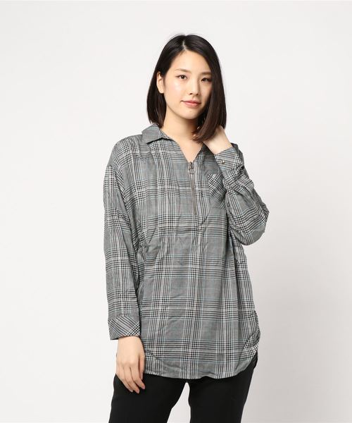 BELLUNA（ベルーナ）の「チェック柄ジッパー使いシャツチュニック（チュニック・レディース・グレー系その他/レッド系その他/ネイビー・MEDIUM/LARGE/X-LARGE）」の6枚目の写真