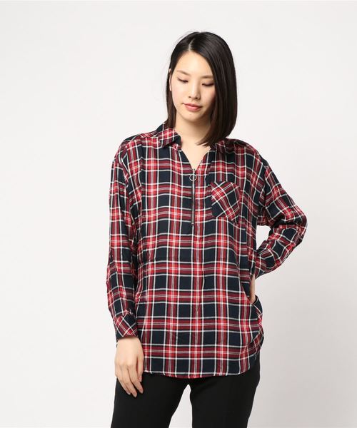 BELLUNA（ベルーナ）の「チェック柄ジッパー使いシャツチュニック（チュニック・レディース・グレー系その他/レッド系その他/ネイビー・MEDIUM/LARGE/X-LARGE）」の7枚目の写真