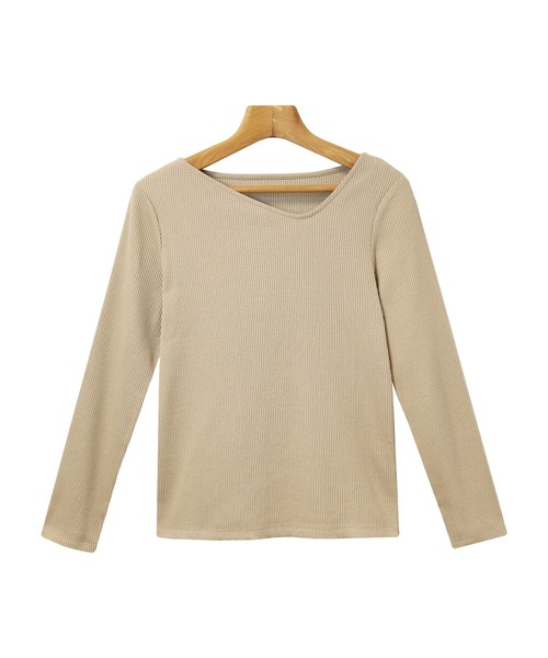 andme(アンドミー)の「テレコリブ長袖アシメネックTシャツ(Tシャツ/カットソー・レディース・ブラック/オフホワイト/ベージュ/ピンクベージュ/カーキ/チャコールグレー/グリーン・M/L)」の15枚目の写真