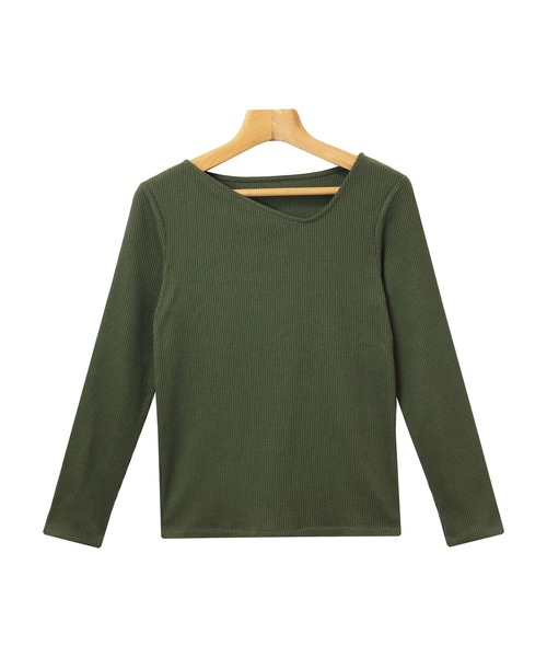 andme(アンドミー)の「テレコリブ長袖アシメネックTシャツ(Tシャツ/カットソー・レディース・ブラック/オフホワイト/ベージュ/ピンクベージュ/カーキ/チャコールグレー/グリーン・M/L)」の12枚目の写真
