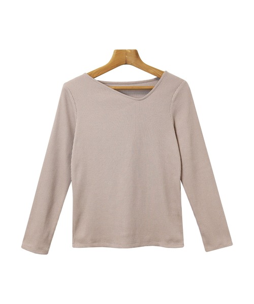 andme(アンドミー)の「テレコリブ長袖アシメネックTシャツ(Tシャツ/カットソー・レディース・ブラック/オフホワイト/ベージュ/ピンクベージュ/カーキ/チャコールグレー/グリーン・M/L)」の10枚目の写真