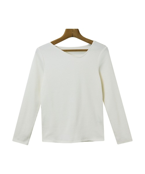 andme(アンドミー)の「テレコリブ長袖アシメネックTシャツ(Tシャツ/カットソー・レディース・ブラック/オフホワイト/ベージュ/ピンクベージュ/カーキ/チャコールグレー/グリーン・M/L)」の9枚目の写真