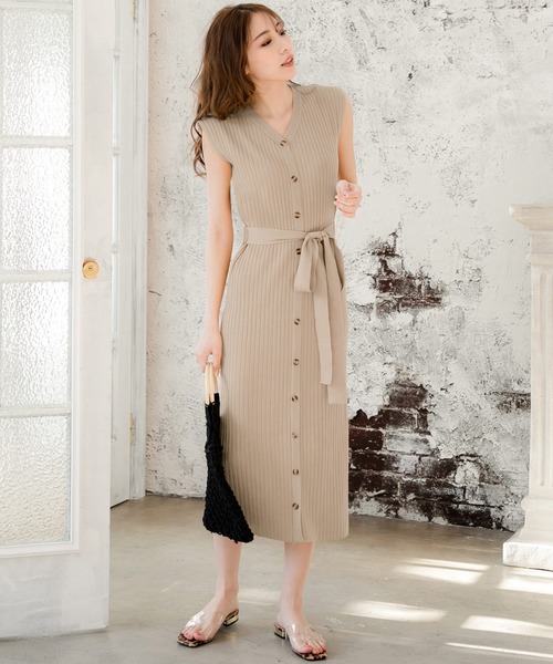 Julia Boutique（ジュリアブティック）の「フロントボタンフレンチスリーブニットワンピース/510695（ワンピース・レディース・ブラック/ベージュ/イエロー/テラコッタ/モカ/パープル/ブルー/ネイビー・M/LL/L）」の4枚目の写真