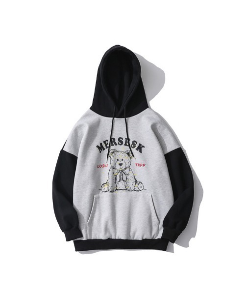 HOOK(フック)の「【HOOK】袖切り替えベアプリントフード付きパーカー(パーカー・メンズ・ブラック/パープル/ブルー・M/L/XL)」の2枚目の写真