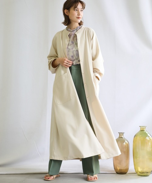 select MOCA(セレクトモカ)の「2021 SS ノーカラーシンプルシャツアウター(ノーカラーコート・レディース・ライトオリーブ/ホワイト・FREE)」の2枚目の写真