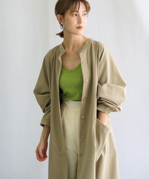 select MOCA(セレクトモカ)の「2021 SS ノーカラーシンプルシャツアウター(ノーカラーコート・レディース・ライトオリーブ/ホワイト・FREE)」の15枚目の写真