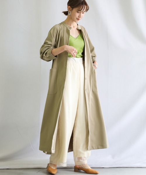select MOCA(セレクトモカ)の「2021 SS ノーカラーシンプルシャツアウター(ノーカラーコート・レディース・ライトオリーブ/ホワイト・FREE)」の4枚目の写真