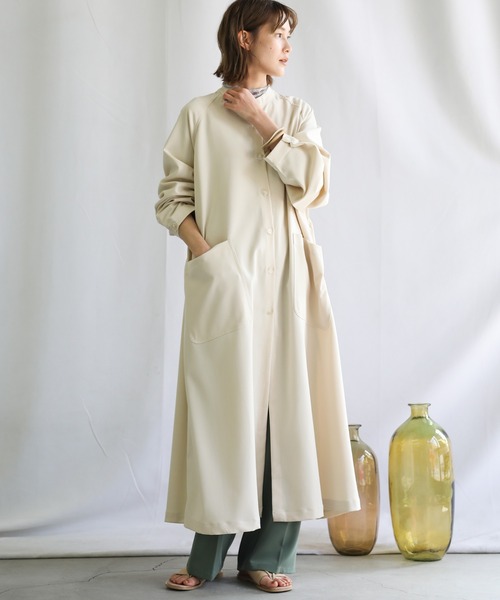 select MOCA(セレクトモカ)の「2021 SS ノーカラーシンプルシャツアウター(ノーカラーコート・レディース・ライトオリーブ/ホワイト・FREE)」の3枚目の写真