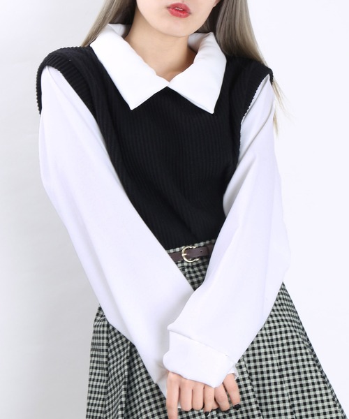 WC（ダブル シー）の「WC/ニットドッキングシャツ（ワンピース・レディース・ブルー/ベージュ/ブラック・FREE）」の2枚目の写真