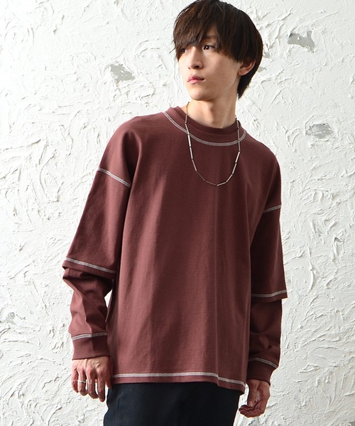 MinoriTY（マイノリティ）の「メンズ長袖ヘビーウエイト配色ステッチフェイクレイヤードBIGシルエットロンT（Tシャツ/カットソー・メンズ・ブラック/ブラウン/グレー/オフホワイト/カーキ・M/L）」の5枚目の写真