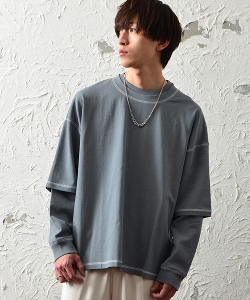 MinoriTY（マイノリティ）の「メンズ長袖ヘビーウエイト配色ステッチフェイクレイヤードBIGシルエットロンT（Tシャツ/カットソー・メンズ・ブラック/ブラウン/グレー/オフホワイト/カーキ・M/L）」の4枚目の写真