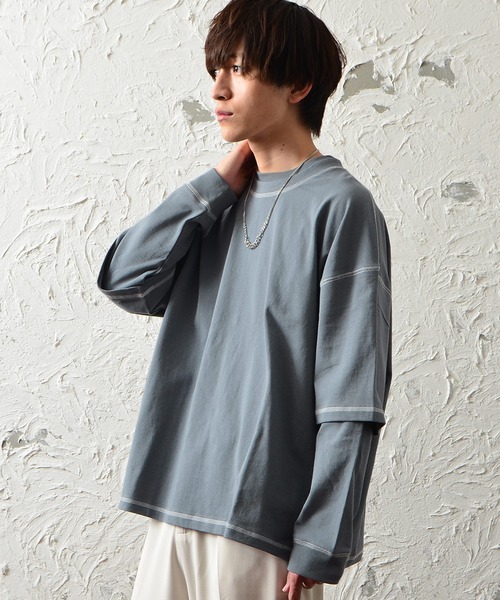 MinoriTY（マイノリティ）の「メンズ長袖ヘビーウエイト配色ステッチフェイクレイヤードBIGシルエットロンT（Tシャツ/カットソー・メンズ・ブラック/ブラウン/グレー/オフホワイト/カーキ・M/L）」の8枚目の写真