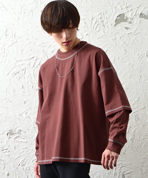 MinoriTY（マイノリティ）の「メンズ長袖ヘビーウエイト配色ステッチフェイクレイヤードBIGシルエットロンT（Tシャツ/カットソー・メンズ・ブラック/ブラウン/グレー/オフホワイト/カーキ・M/L）」の6枚目の写真