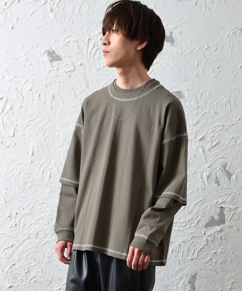 MinoriTY（マイノリティ）の「メンズ長袖ヘビーウエイト配色ステッチフェイクレイヤードBIGシルエットロンT（Tシャツ/カットソー・メンズ・ブラック/ブラウン/グレー/オフホワイト/カーキ・M/L）」の17枚目の写真