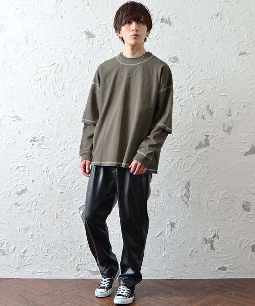 MinoriTY（マイノリティ）の「メンズ長袖ヘビーウエイト配色ステッチフェイクレイヤードBIGシルエットロンT（Tシャツ/カットソー・メンズ・ブラック/ブラウン/グレー/オフホワイト/カーキ・M/L）」の19枚目の写真