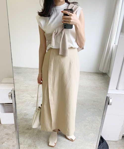 LIAN（リアン）の「リネンライクラップロングスカート（スカート・レディース・ブラウン/オフホワイト/ベージュ/イエロー・FREE）」の14枚目の写真