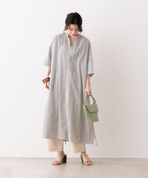 セール 綿100 無地 ストライプ 7分袖ギャザーワンピース シャツワンピース Hunch ハンチ のファッション通販 Zozotown