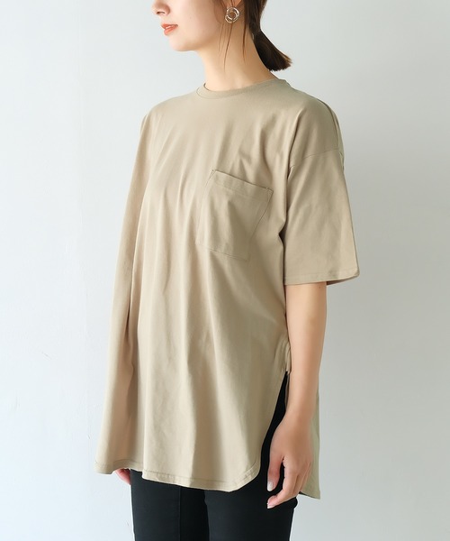 VitaFelice(ヴィータフェリーチェ)の「USAコットンロングビッグTシャツ(半袖)(Tシャツ/カットソー・レディース・ベージュ系その他/チャコールグレー/カーキ/オフホワイト・FREE)」の4枚目の写真